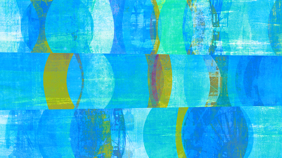 Retro mid-century-style abstract pop art background. Blue and yellow shapes with grunge textures. Layered digital collage.
