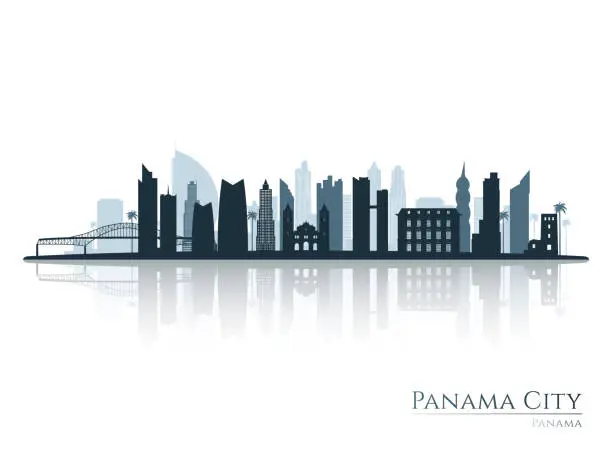 Vector illustration of Panama City skyline silhouette with reflection. Landscape Panama City. Vector illustration.