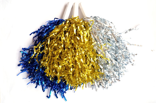 Blue, silver and gold pompoms