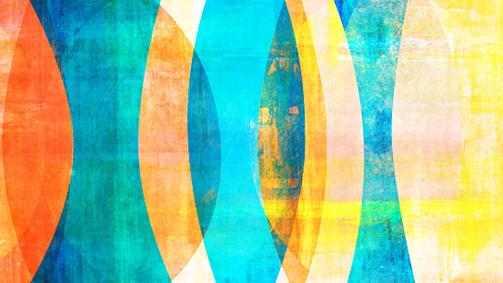 Retro mid-century-style abstract pop art background. Orange, yellow and blue shapes with grunge textures. Layered digital collage.
