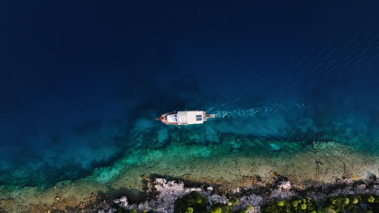 Simena - submerged ancient Lycian city Kekova island Ruins of ancient architecture, aerial view of sunken historical sunken city, place to explore submarine, clean submarine, discovery point for divers, a boat for a cruise in the sunken city