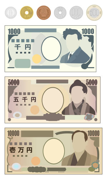 der satz japanisches geld isoliert auf weißem hintergrund - 5000 yen schein stock-grafiken, -clipart, -cartoons und -symbole