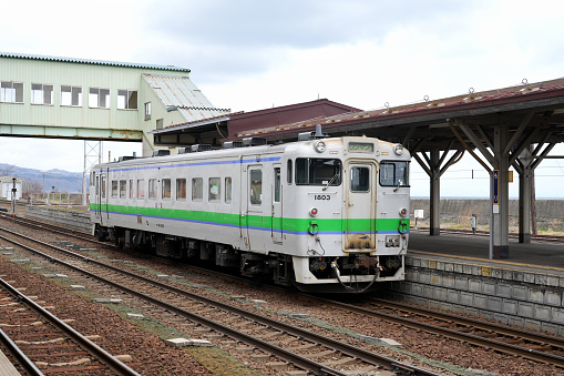 Mori, Japan - 2023, 23 April : The local train at Mori Station is a railway station on the Hakodate Main Line in Mori, Hokkaido, Japan.