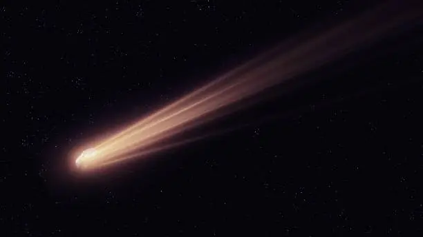 Photo of Large long tail of a comet on the background of space.