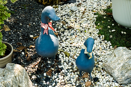 The picture shows a terracotta statue of a mother duck and blue ducklings placed on a decorative rock in the backyard.