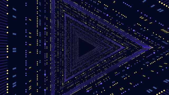 Futuristic triangles with neon dots and lines in vertigo on dark gradient
