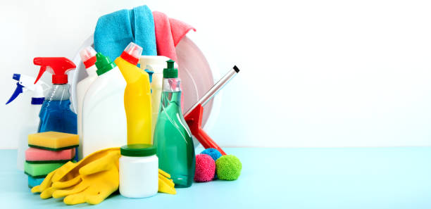 istock Cleaning products. Bottles, rubber gloves and sponge. Housework concept 1492777742