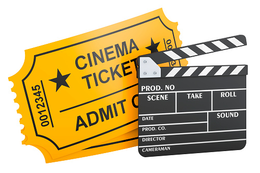 Cinema tickets with clapperboard, 3D rendering isolated on white background