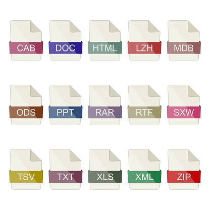File type icons. Icons of documents and archives on a white background.