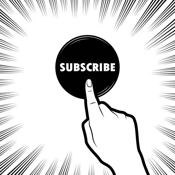 Vector illustration of A human hand pushing a Subscribe button, in the background with radial manga speed lines