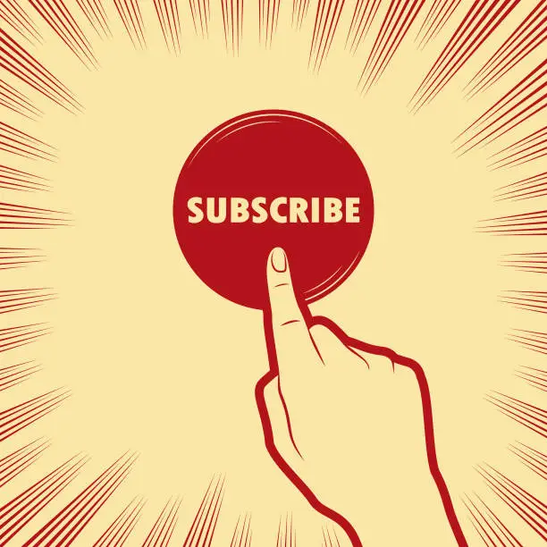 Vector illustration of A human hand pushing a Subscribe button, in the background with radial manga speed lines