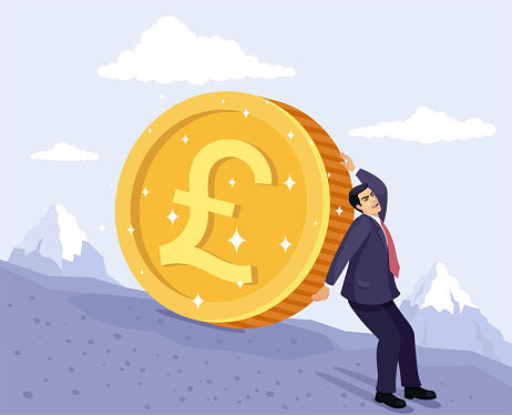 Businessman stopping big Pound currency coin falling off a cliff