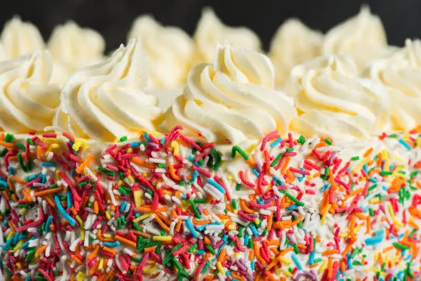 Delicious birthday-themed butter cake with buttercream icing and rainbow sprinkles