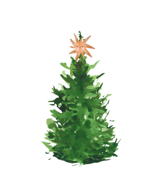 ilustrações, clipart, desenhos animados e ícones de aquarela infantil dourada estrela de natal pinheiro abeto árvore perene coleção conjunto decorado com lâmpada, guirlanda, coque. cartão postal, adesivo - pine tree forest summer evergreen tree