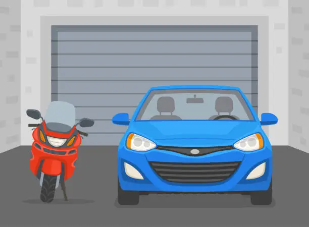 Vector illustration of Driving a car. Front view of a blue car and red motorcycle in a garage. Indoor parking inside view.