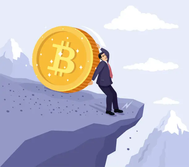 Vector illustration of Businessman Pushing Bitcoin prevent from price falling down.