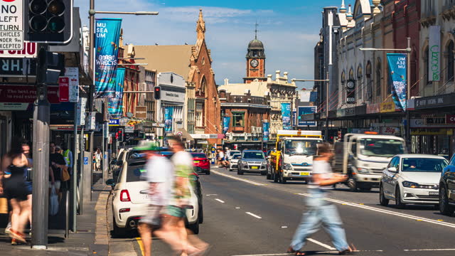 4K Footage Time lapse of Moving car with Crowded Commuter and Tourist walking around Sydney New town which have various coffee and restaurant with shopping store shop, Sydney