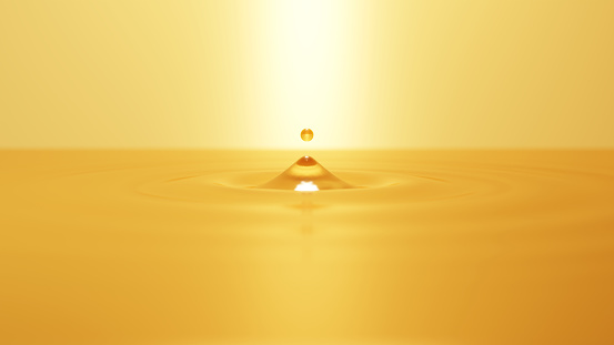 3D Illustration.Gold water droplets on gold background, oil. (Horizontal)