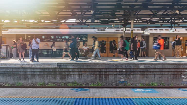 4K Footage of Crowd passengers and tourist walking from train arrived at Central Railway Station platform in the city of Sydney, NSW, Australia