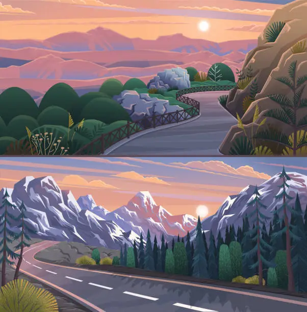Vector illustration of Mountain landscape background on sunset. Road in green valley, hills, clouds and sun on sky