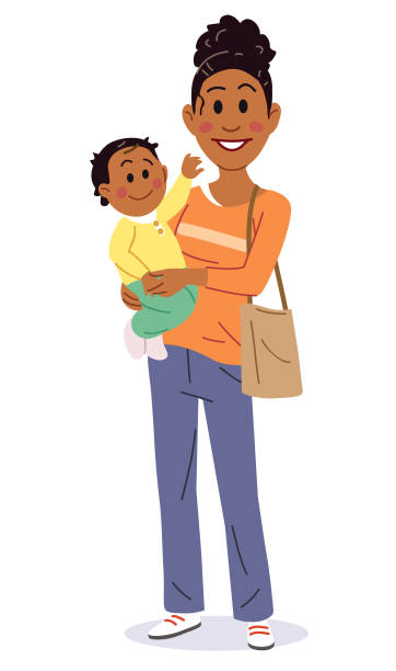 mutter holding baby - looking at camera smiling african ethnicity white background stock-grafiken, -clipart, -cartoons und -symbole