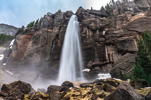 The majestic flowing Bridal Veil Falls waterfall in Telluride, CO