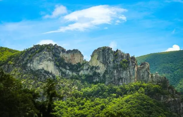 A scenic landscape featuring the Seneca Rocks, West Virginia, United States.