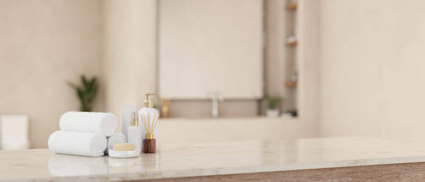 istock Toiletries set on a white tabletop with copy space in a modern white bathroom 1492797885