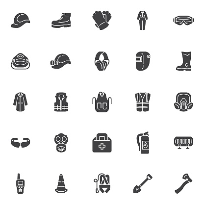 Safety equipment vector icons set, modern solid symbol collection, filled style pictogram pack. Signs, logo illustration. Set includes icons as protective clothing, work shoe, face mask, helmet