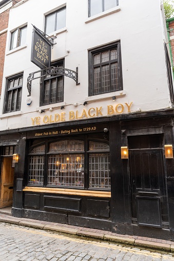 Kingston upon Hull, United Kingdom – May 06, 2023: Ye Old Black Boy pub, the oldest in the city of Kingston upon Hull, UK, dating back to 1729.
