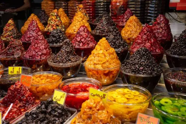 Photo of Lavashak and Dried Fruits for Sale at a Street-side Stall in Darband in Tehran.