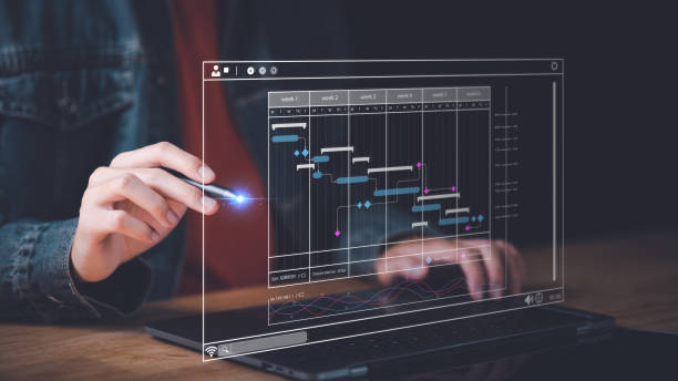 biznesmen aktualizowanie harmonogramów lub planowanie biznesu online, zarządzanie terminami spotkań, plan harmonogramu pracy, koncepcje planowania strategicznego, pomysły burzy mózgów na temat biznesplanów, priorytetyzacja pracy - chronologia zdjęcia i obrazy z banku zdjęć