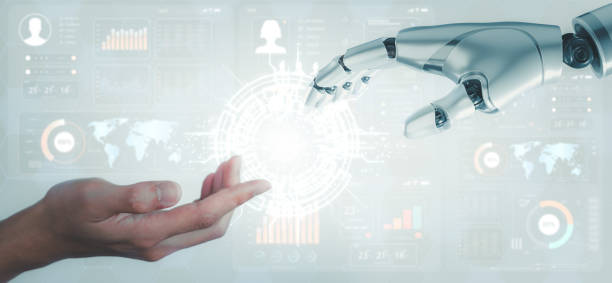 istock Digital information technology concept. Businessman and artificial intelligence icon on the screen. Chatbot and AI concept. 1492802306