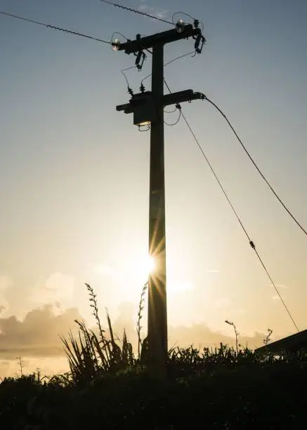 A wooden telephone pole silhouetted by the setting sun at dusk
