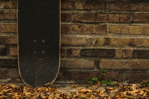 A skateboard resting against a brick wall in an autumnal setting, with a pile of fallen leaves in the foreground