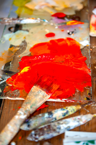 Close Up Shot of Artist Painting Palette in Home Studio