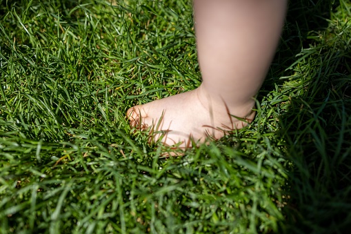 A closeup shot of a baby foot taking its first steps in grass