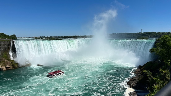 A small passenger vessel sailing on a turquoise-hued river below the beautiful Niagara Falls