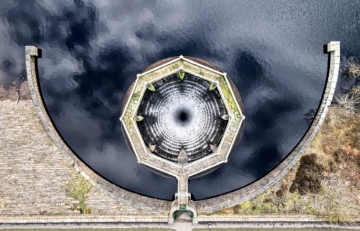 Aerial view of Digley Reservoir in Holmfirth, England.