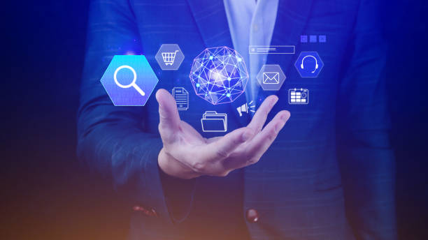 istock Hand showing of data search box information icon with Digital marketing internet advertising and sales increase business technology concept, online marketing, data analytics and Business online. 1492811473