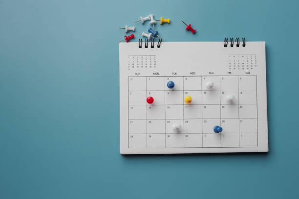 istock Embroidered red pins on a calendar event Planner calendar,clock to set timetable organize schedule,planning for business meeting or travel planning concept. 1492812967