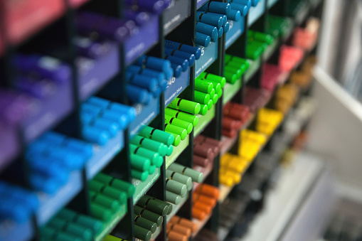 Multicolored drawing materials stored in a store.