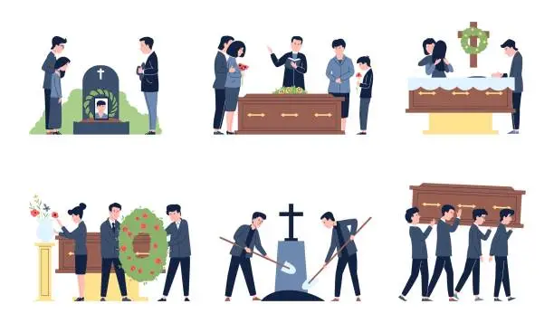 Vector illustration of Funeral graphics, family mourning and memorial ceremony. People and death, burial and memories. Mortal service, flat recent vector scenes