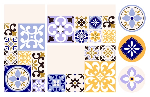 Decorative cards template. Portuguese and spanish motifs with flowers. Abstract traditional lisbon tiles. Vector modern cards stickers design. Illustration of portuguese and spanish, moroccan pattern