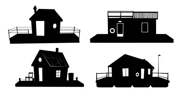 Vector illustration of Set of Floating house. Silhouette design. Dwelling with small courtyard on water. Isolated on white background. illustration vector.