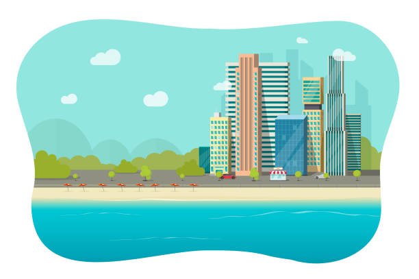 City beach landscape sea view vector, seaside ocean shore cityscape skyscrapers flat cartoon graphic illustration, urban town street skyline coast panorama modern clipart image design City beach landscape sea view vector, seaside ocean shore cityscape skyscrapers flat cartoon graphic illustration, urban town street skyline coast panorama modern clipart image bay cartoon stock illustrations