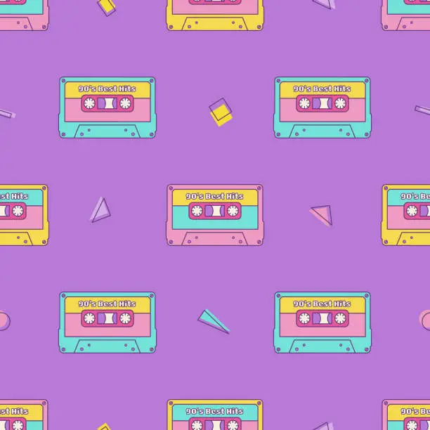 Vector illustration of Retro cassette vintage seamless pattern 80s 90s geometric shapes in Memphis style