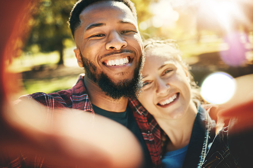 Love Selfie Couple And Portrait Smile At Park Outdoors Enjoying Fun