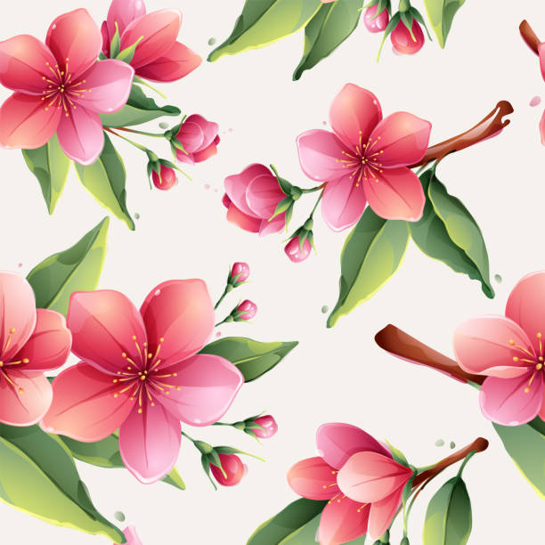 Sakura seamless pattern with blooming flowers, pink cherry blossom, branches. Vector realistic watercolor style. Vector realistic watercolor style. Design for banner, oriental poster, Valentine's card, wedding invitation and scrapbooks sakura matsuri stock illustrations