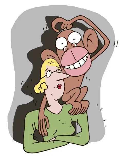 Vector illustration of monkey sitting on woman's shoulder